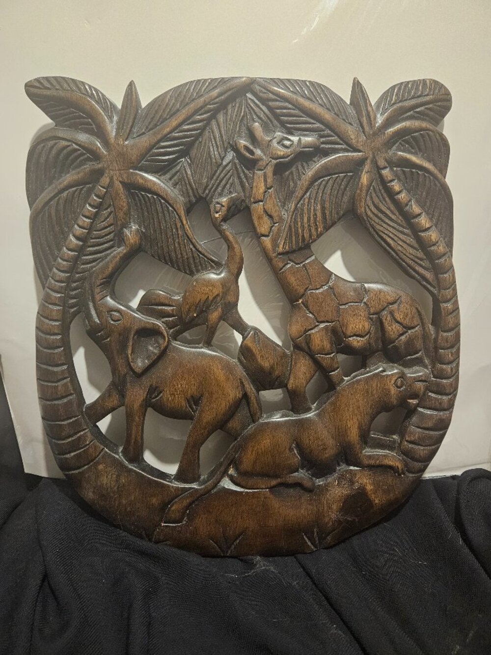 Carved Wooden African Lion Ostrich Giraffe Elephant Wall Art